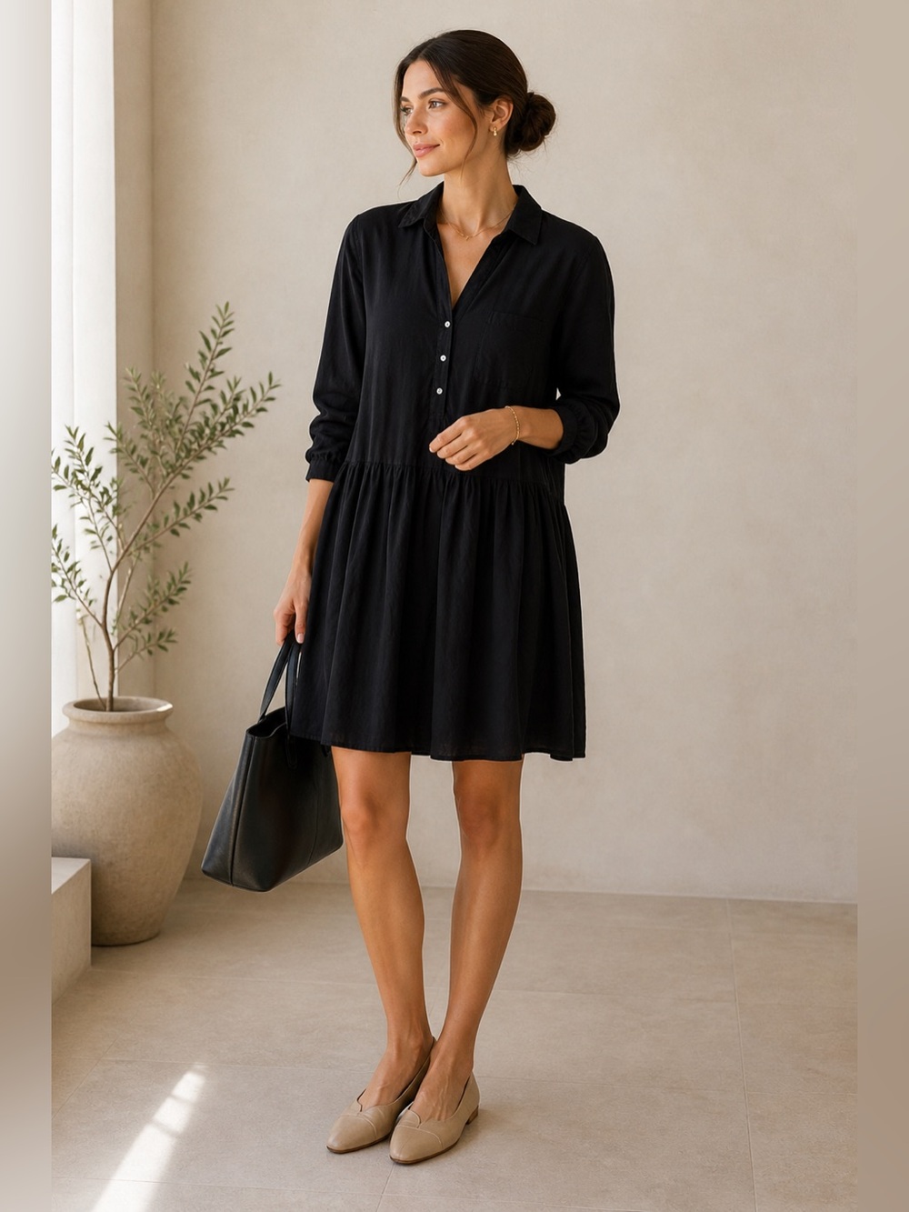 Grayson Changemaker Dress LBD Black Cotton Shirt Dress Size 05 XL Chic‎
